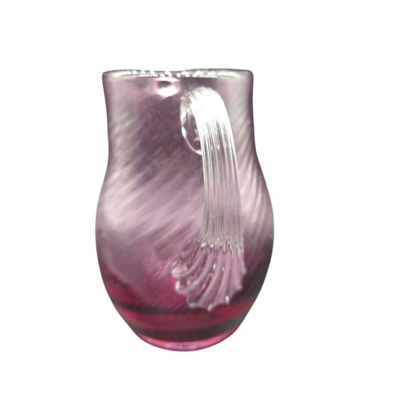 Vtg Hand Blown Cranberry Glass Creamer Ribbed Swirl Applied Handle 5" Small - Picture 3 of 12